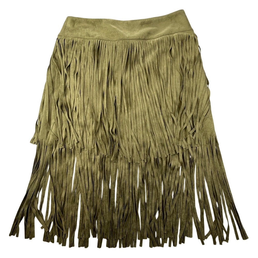 Vocal Faux Suede‎ Fringe Midi Skirt Olive Green Western Boho Festival Size M